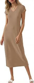 Wenrine Womens Short Sleeve T-Shirt Dress V Neck Summer Casual Midi Dresses