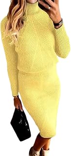 ORANDESIGNE Women's Knitted Sweater Dress Set 2 Pieces Winter Turtleneck Sweater and Pencil Skirt Knitted Elegant Bodycon Dress