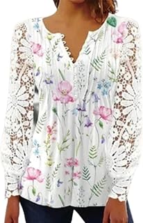 Onsoyours Damen Langarmshirt Blusen Elegant Langarm mit Spitzenarm V-Ausschnitt Blumenmuster Shirt Hemd Casual Mode leicht Tunika Spitze T-Shirt Tops Spitzenhirts