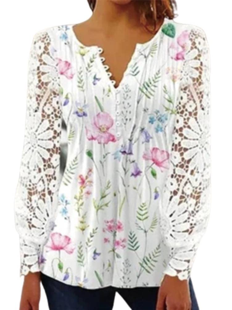 Onsoyours Damen Langarmshirt Blusen Elegant Langarm mit Spitzenarm V-Ausschnitt 