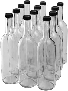750ml Clear Glass Bottles with Lids, W5 Bordeaux, 12-Pack, Black Screw Caps | Flint flat-bottomed Empty Wine Bottles for home winemaking, mead and liquor storage | Includes 12 Threaded Plastic Caps