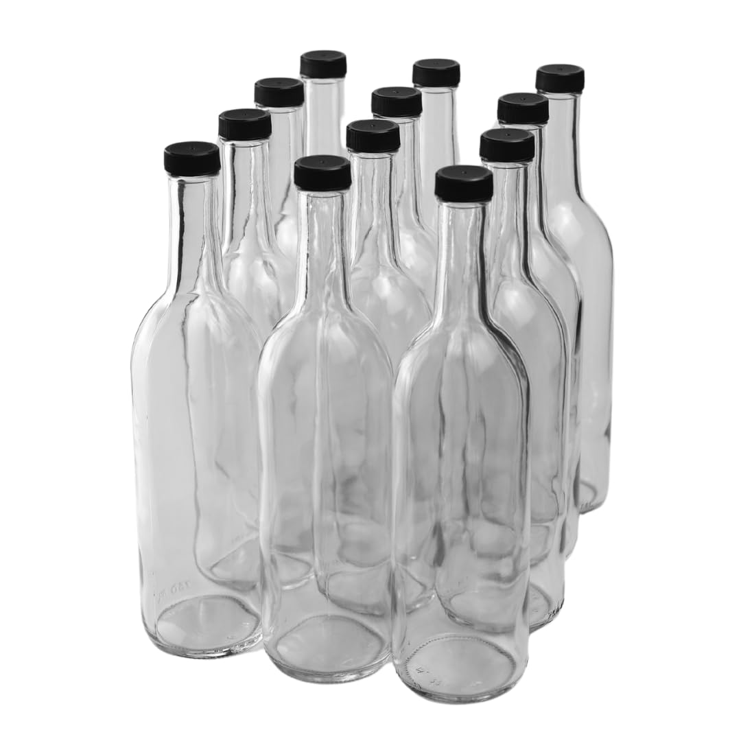 750ml Clear Glass Bottles with Lids, W5 Bordeaux, 12-Pack, Black Screw Caps | Fl