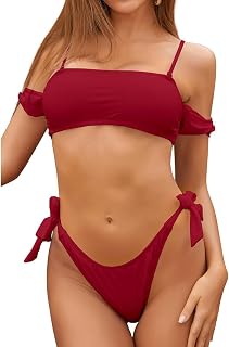 Women's Off Shoulder Bandeau Bikini Set High Cut Thong Tie Side Two Piece Bathing Suit
