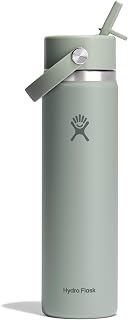 Hydro Flask 24 Oz Stainless Steel Wide Mouth Water Bottle with Leakproof Flex Straw Cap, Agave