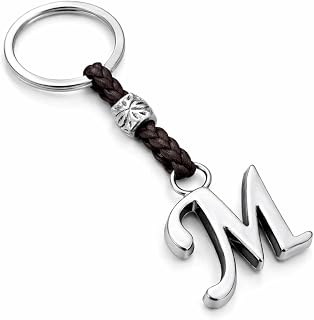 ASTER ALHELÍ - Keyring with Personalised Name Initials - Leather Keyring Letters and Beads in Zamak Plated in Silver - Men or Women with Initial - Ideal for Gifts