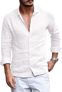Mens Linen Cotton Button Down Shirt Long Sleeve Spread Collar Lightweight Plain Beach Shirt