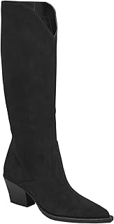 Coutgo Botas vaqueras de pantorrilla ancha para mujer, de gamuza, hasta la rodilla, tacón grueso, punta puntiaguda, botas vaqueras occidentales