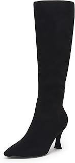Coutgo Womens Knee High Boots Pointed Toe Kitten Heel Side Zipper Stretchy Vegan Suede Comfort Fall Winter Boot