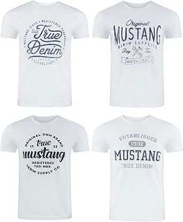 Mustang Men's T-shirt, Pack of 4, Front Print, Round Neck, Short Sleeves, Regular Fit, 100% Cotton, Black, White, Grey, Blue, Green, S, M, L, XL, XXL, 3XL, 4XL, 5XL, 6XL