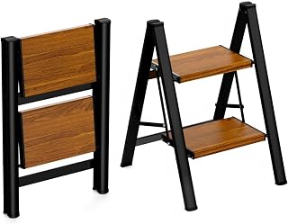 HBTower Step Ladder, Lightweight Aluminum Folding Step Stool | Anti-Slip Wide Pedal, 330lbs Capacity Step Ladder for Household Kitchen Office, BlackWoodgrain