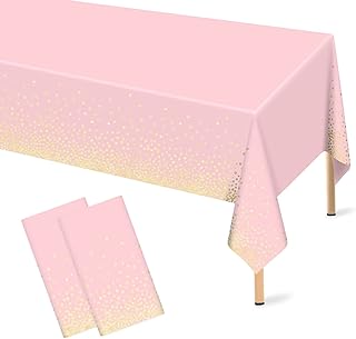 Mulbozy 2 Pcs Pink Tablecloth 54"×108" Gold Dot Pink Table Cloth, Pink Disposable Plastic Tablecover for Birthday, Baby Shower, Picnic, Camping, Event & Parties