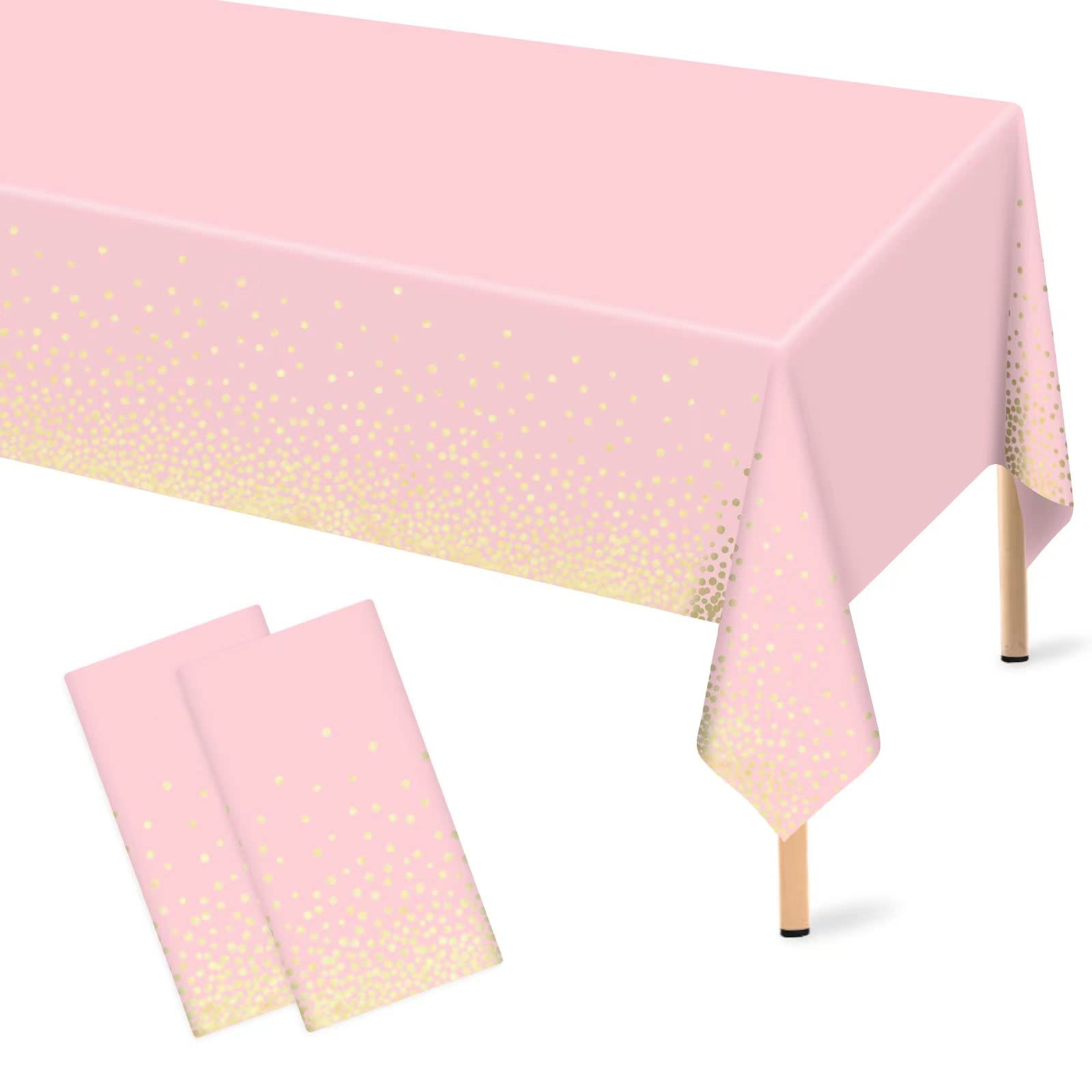Mulbozy 2 Pcs Pink Tablecloth 54"×108" Gold Dot Pink Table Cloth, Pink Disposabl
