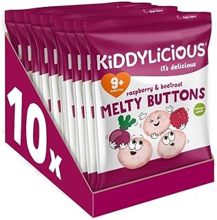 Kiddylicious Raspberry & Beetroot Melty Buttons - Delicious Snacks for Kids - Suitable for 9+ Months - 10 packs