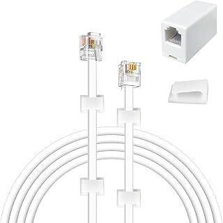YOLISTIC 16 Feet Telephone Cable(RJ11 6P4C Plug) Include 1 in-Line Couplers(Double RJ11 6P4C Female) and 10 Cable Clips, White