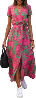ORANDESIGNE Women's Summer Dress Casual V-Neck Long Dress Elegant Short Sleeve Boho Floral Printed Midi Dress Holiday Beach Casual Dresses with Belt