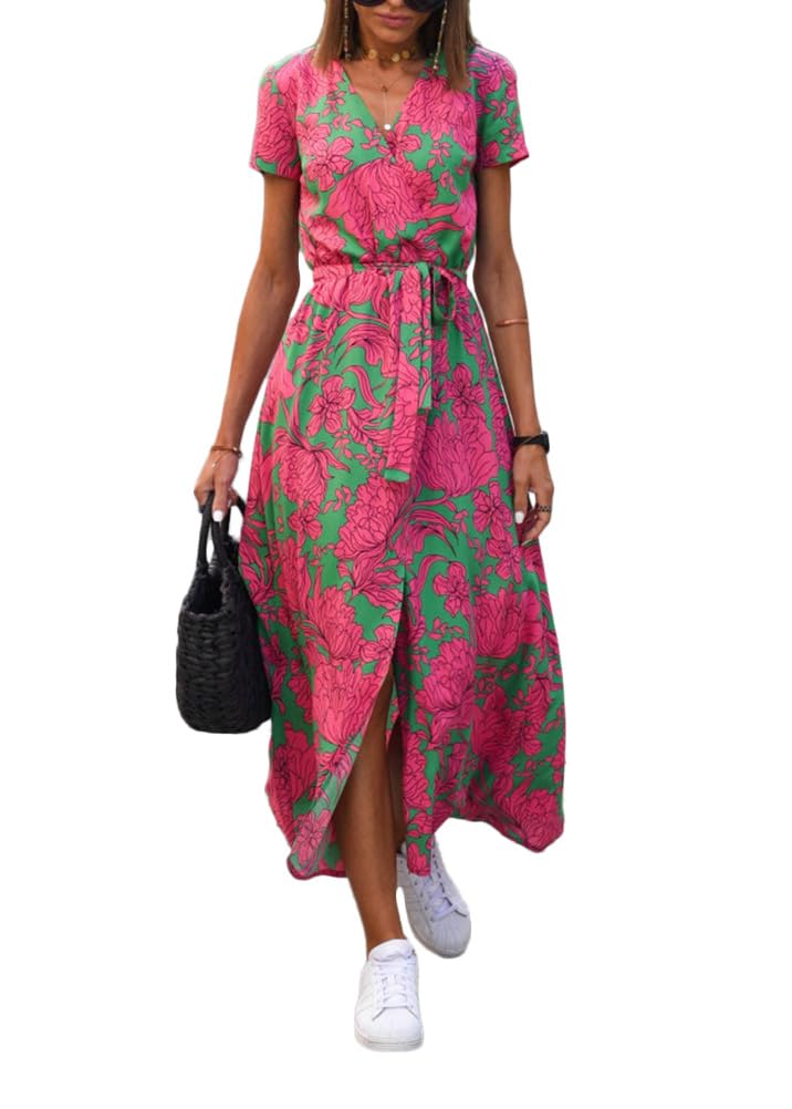 ORANDESIGNE Women's Summer Dress Casual V-Neck Long Dress Elegant Short Sleeve B