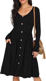 GRECERELLE Women's Long Sleeve Dress Casual Plain A Line Swing Dress with Pockets