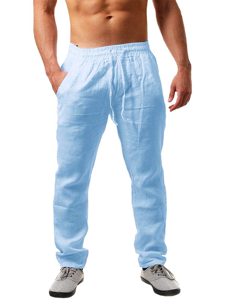 Pantaloni lunghi da uomo casual in lino, vestibilità larga, con coulisse in vita