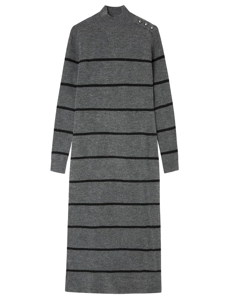 Springfield Women's High Neck Placket Slit Midi Dress Striped Knit Midi Dress (P