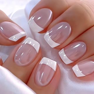 24pcs White French Tip Press On Nail Short Square Fake Nail Glitter Design Full Cover Glossy Nails Reusable Artificial Nude Pink Stick Nails for Women Girls Acrylic Manicure Salon DIY