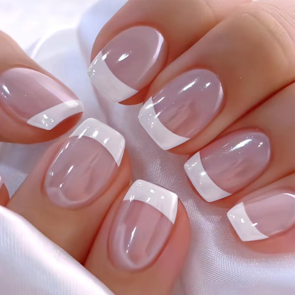 24pcs White French Tip Press On Nail Short Square Fake Nail Glitter Design Full 