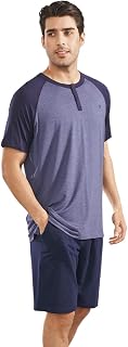 DAVID ARCHY Men's 100% Cotton Pyjamas Comfortable Short Pyjamas Short Pyjamas Two Piece Nightgown Short Sleeve and Trousers with Button Pockets