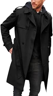 Runcati Mens Double Breasted Trench Coat Long Lapel Work Jacket with Belt