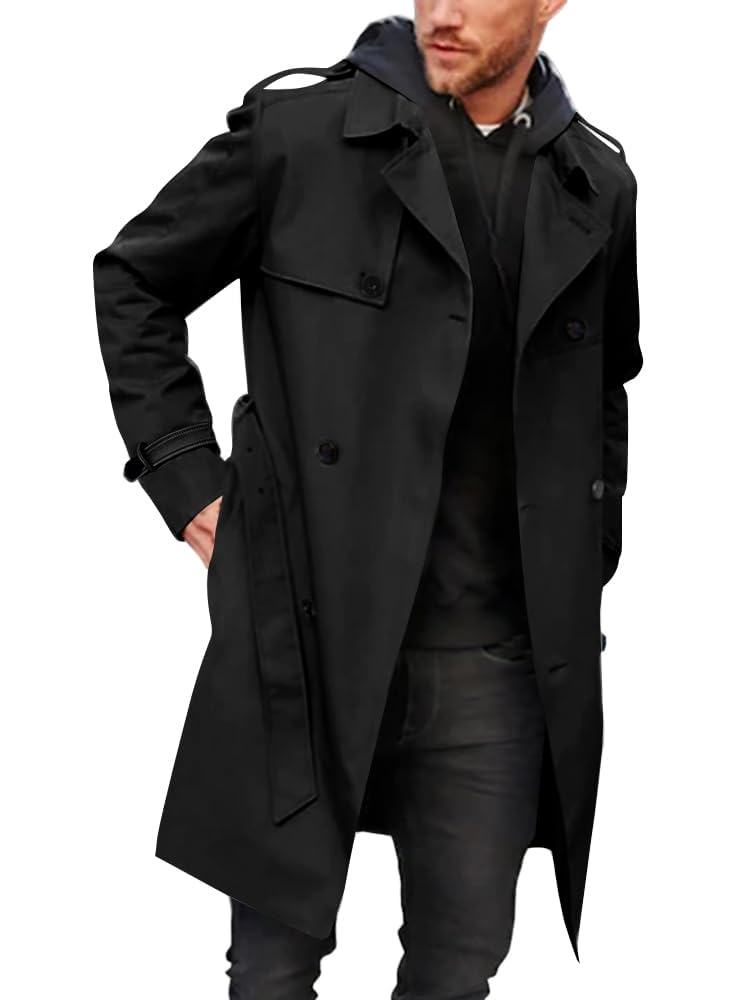Runcati Mens Double Breasted Trench Coat Long Lapel Work Jacket with Belt