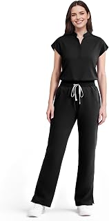 Dvoliaw Scrubs for Women Set, Sleeveless 9-Pocket Straight Leg Yoga Waist | Stand-up collar top, straight leg pants w/ side slits. Soft stretch knit. Yoga waist. Wrinkle-free. For nurses/docs/vets.