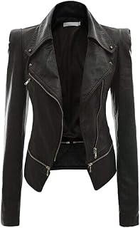 Onsoyours Women's Short Jacket in PU Leather Jacket Jacket Faux Leather Short Slim Jacket Soft Asymmetric Zip Autumn Winter