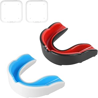 Flintronic 2 Pcs Children Youth Sports Mouthguard Gum Shield with Case, for Rugby Boxing Martial Arts Hockey MMA Karate Taekwondo and Other Contact Sports (Black Red + White Blue)