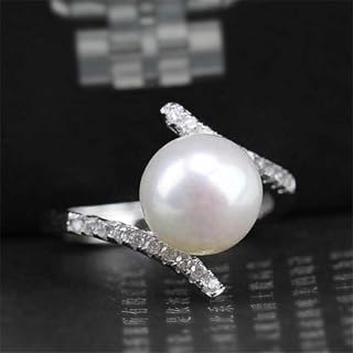 Elegant Simulated Pearl Wedding Band for Women Engagement Jewelry with Shiny Cubic Zirconia