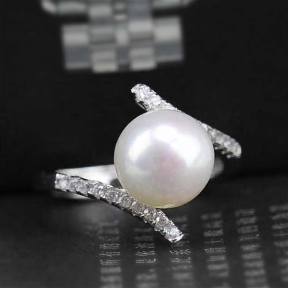 Elegant Simulated Pearl Wedding Band for Women Engagement Jewelry with Shiny Cub