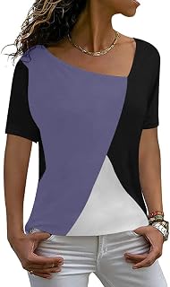 Womens Summer Tops Short Sleeve Casual Shirts Asymmetric Neck Color Block Tunic
