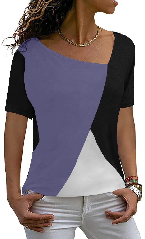Womens Summer Tops Short Sleeve Casual Shirts Asymmetric Neck Color Block Tunic