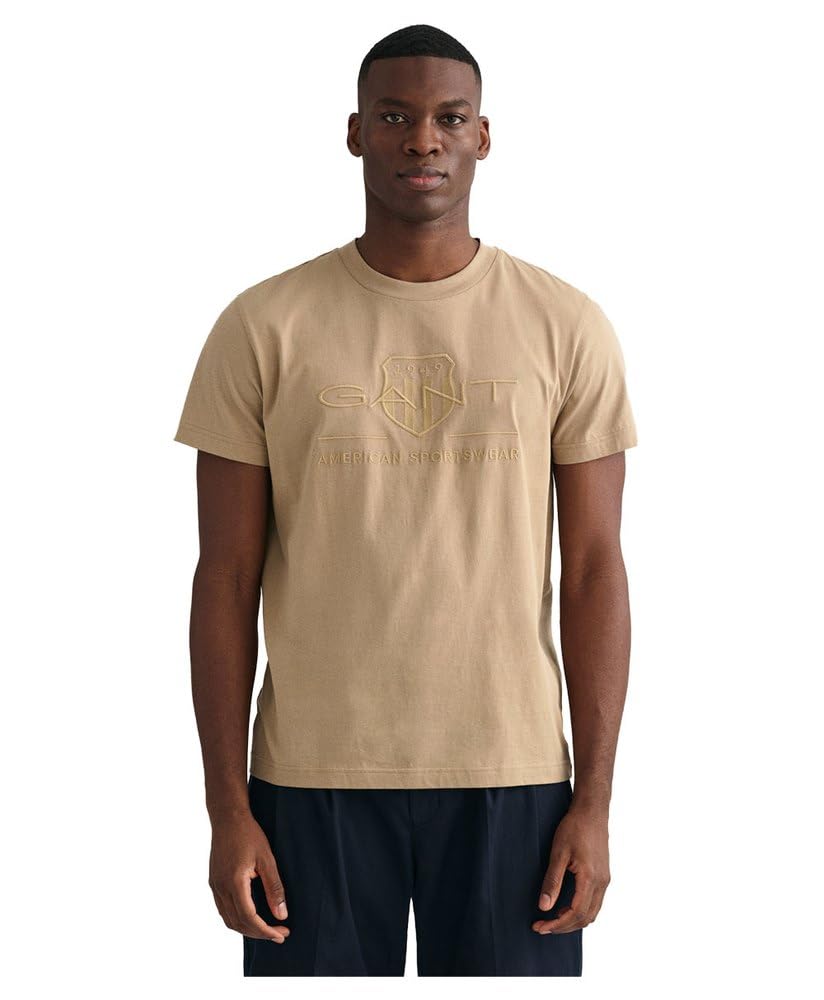 GANT Reg Tonal Shield SS T-Shirt for Men, Concrete Beige, XS