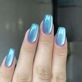 Frosty Ice Blue Cateye Press On Nails 24 Piece Luxury Solid Color Acrylic Nail Kit with Zerelee Lugs Mini File & Stick for Women Girls