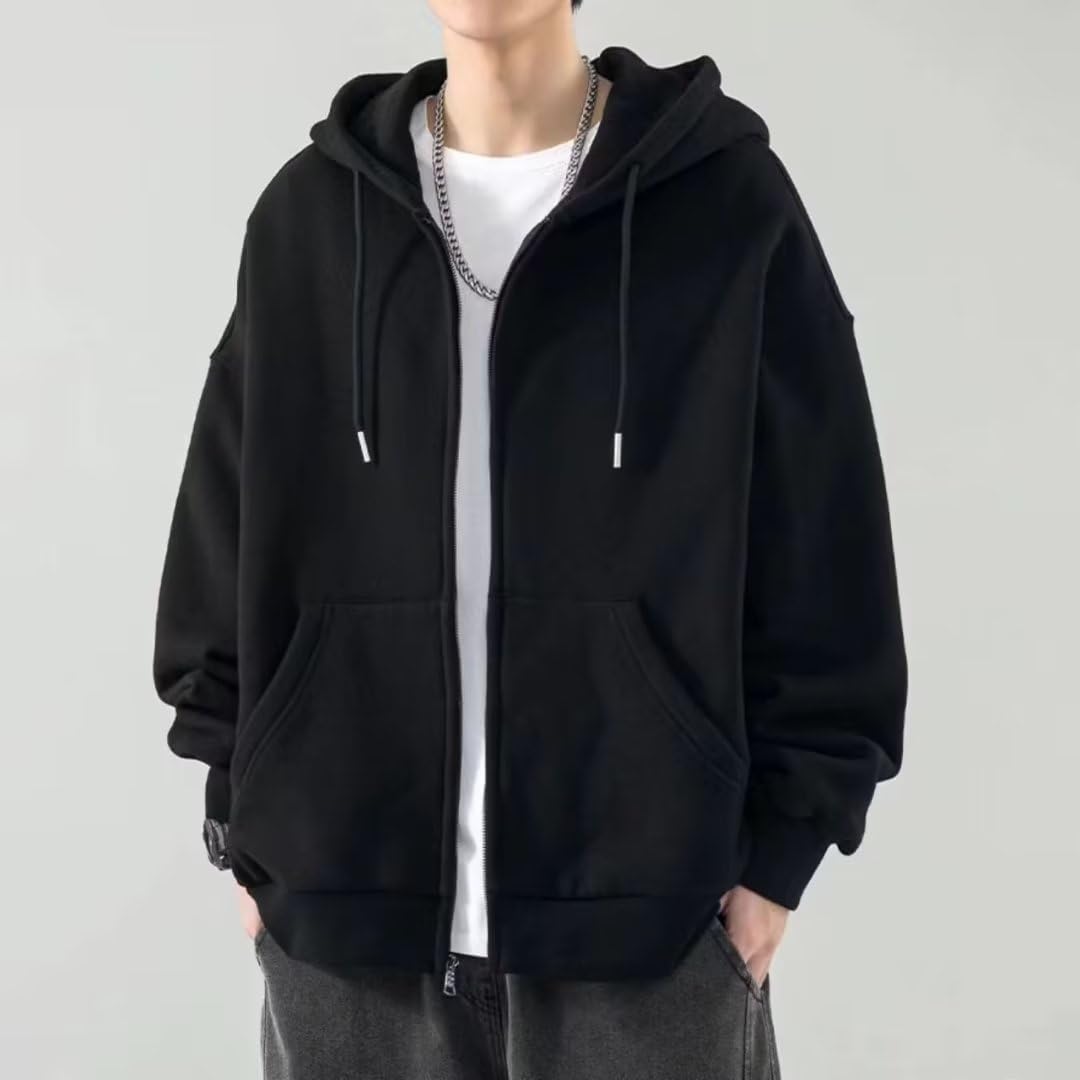 Korean Style Men's Oversized Hoodie Full Zip Casual Long Sleeve Fleece Sweatshir
