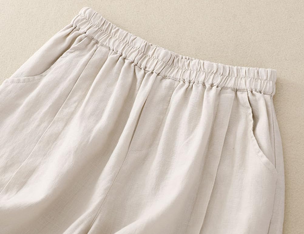 Kinghua Linen Shorts for Women Spring Summer Casual Elastic High Waisted Pleated