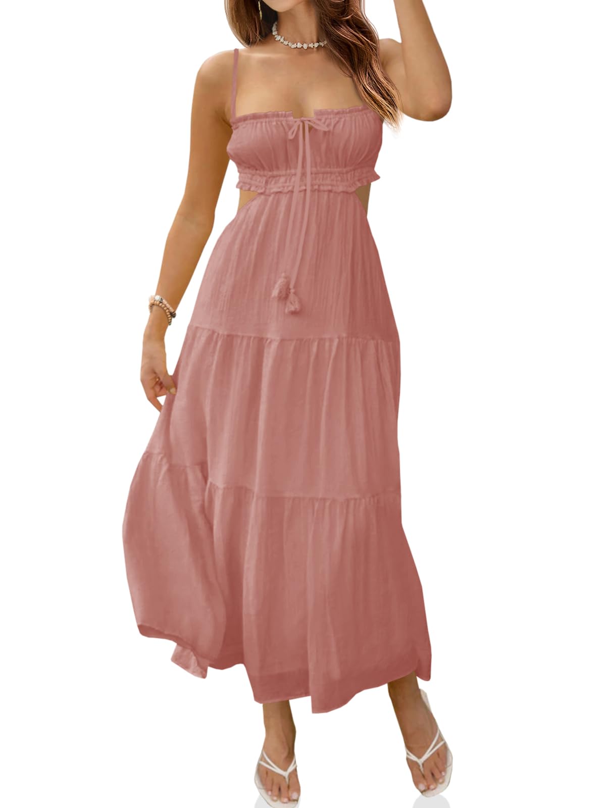Fisoew Women's Spaghetti Strap Maxi Dress Summer Backless Cut Out Dresses