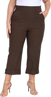 HDE Women's Plus Size Pull On Capri Elastic Waist Cropped Pant with Cuff