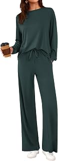 PRETTYGARDEN 2 Piece Lounge Set for Women Round Neck Long Sleeve Wide Leg Drawstring Tracksuits Loose Fit