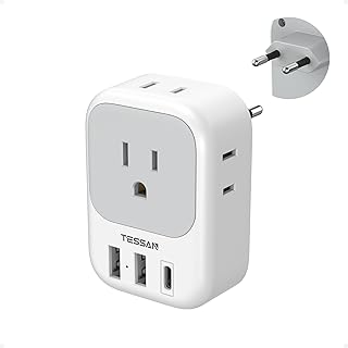 TESSAN European Travel Plug Adapter USB C, International Plug Adaptor | 4 AC Outlets 3 USB Ports (1 USB C), Type C Europe Power Adaptor, for US to EU France Germany Iceland Spain Italy