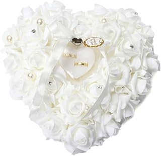 HONEYGIFTS Wedding Ring Pillow, Irovy Ring Bearer Holder Pillows Heart Shape Rose Lace Cushion for Wedding Party Anniversary Ceromony