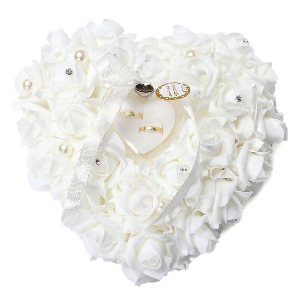 HONEYGIFTS Wedding Ring Pillow, Irovy Ring Bearer Holder Pillows Heart Shape Ros