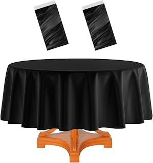 HEIPINIUYE 2 Pack Black Round Tablecloth 84 Inch Round Plastic Table Cloth Waterproof Disposable Round Table Cover for Party Birthday Camping Picnic Baby Shower