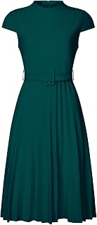 Hobemty Women's Pleated Dress Mock Neck Cap Sleeve Belted A-Line Dresses