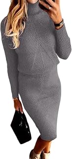 ORANDESIGNE Women's Knitted Sweater Dress Set 2 Pieces Winter Turtleneck Sweater and Pencil Skirt Knitted Elegant Bodycon Dress