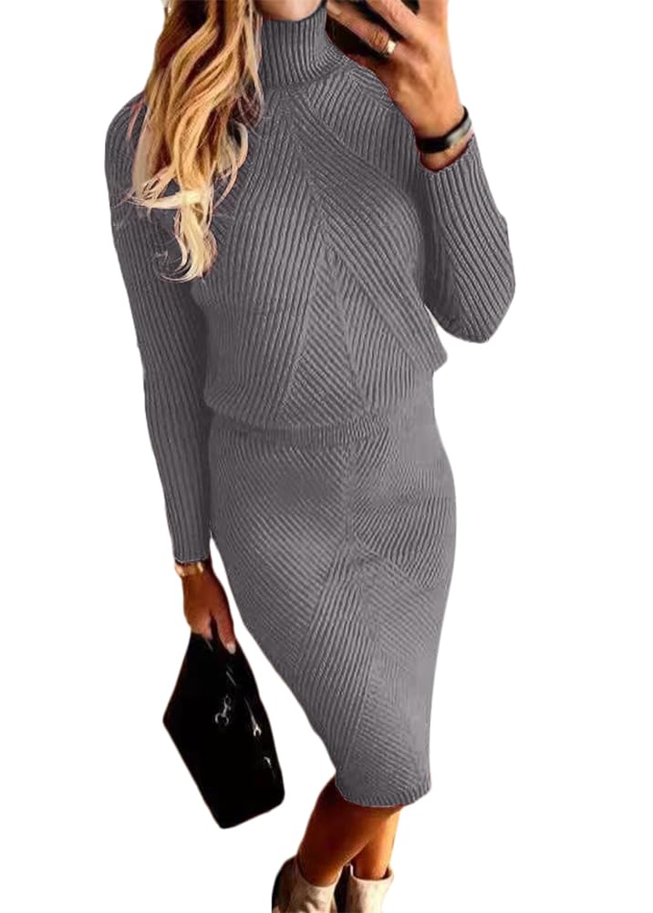 ORANDESIGNE Women's Knitted Sweater Dress Set 2 Pieces Winter Turtleneck Sweater