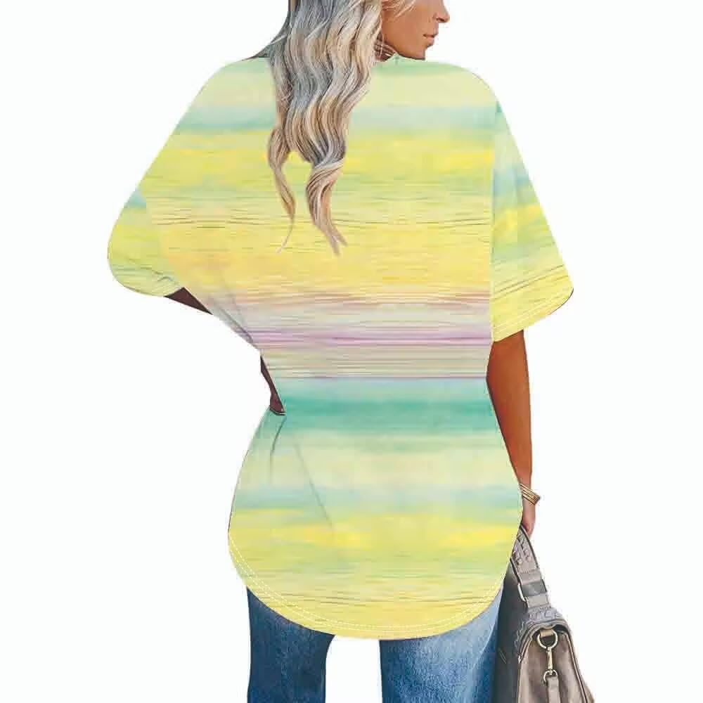 Women's Short Sleeve Gradient Stripe Round Neck T-Shirt for Spring and Summer